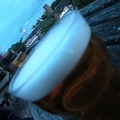 A pint in the garden of the Free Trade with Smithy in the background