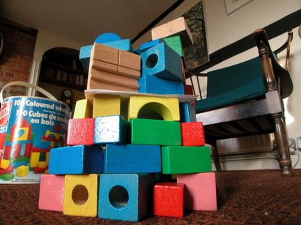 a house Grace made of wooden blocks