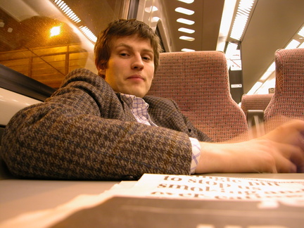 Simon on the train on the way home