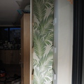 Wallpaper in the back of the new shelves